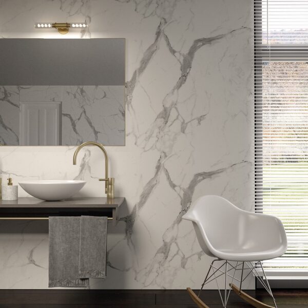Bathroom feature wall with BB Nuance Calacatta Statuario marble effect wall boards