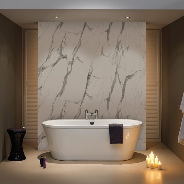 BB Nuance Calacatta Statuario marble effect wet wall boards used to create a feature wall in a luxury bathroom