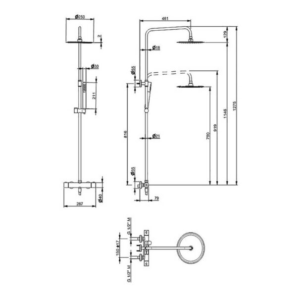 Technical diagram for Vema Thermostatic Shower Column w/Fixed Head & Riser