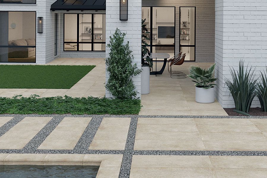 Patio tiled with concrete effect beige 20mm thick outdoor porcelain tiles