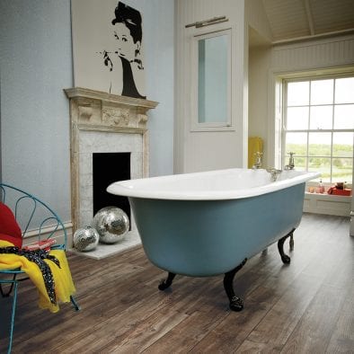 Luxury period bathroom with Karndean Knight Tile Mid Worn Oak plank vinyl flooring