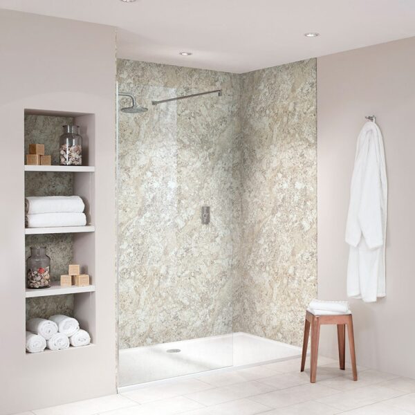 BB Nuance Soft Mazzarino stone effect bathroom wall boards in a luxury walk-in shower