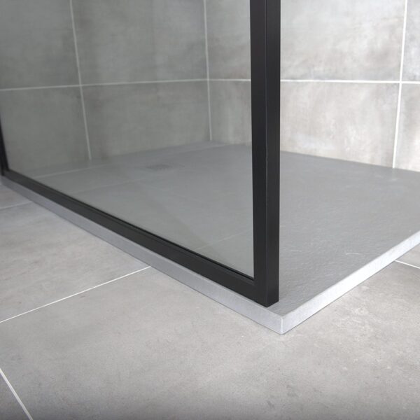 Drench BORDER coloured shower screen mounted on a grey extra flat Fiora shower tray