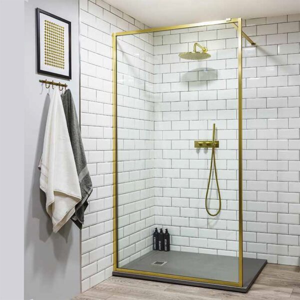 Drench Border minimalist shower screen with brushed brass metal frame detail