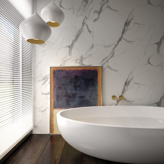 Luxury bathroom featuring BB Nuance Calacatta Statuario marble effect bathroom wall cladding