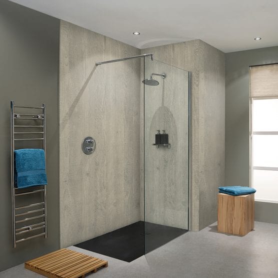 BB Nuance Chalkwood timber effect wet wall boards in a shower