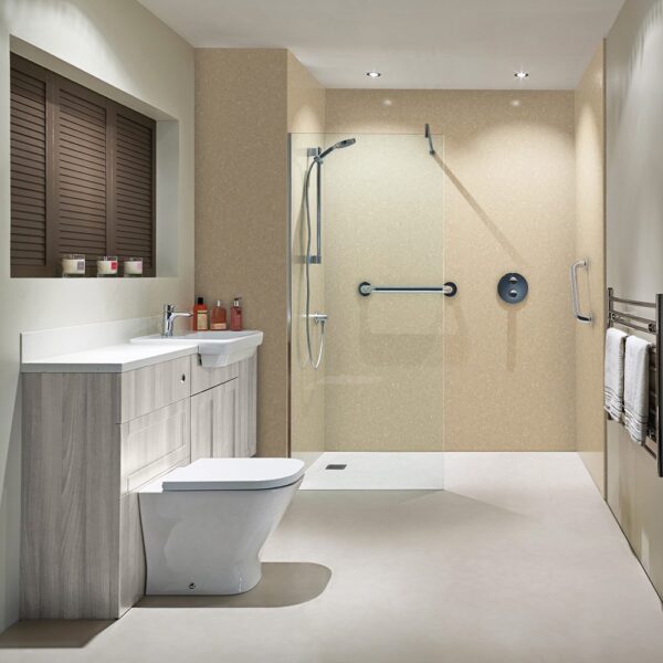 Shower with BB Nuance shower wall panels in classic travertine