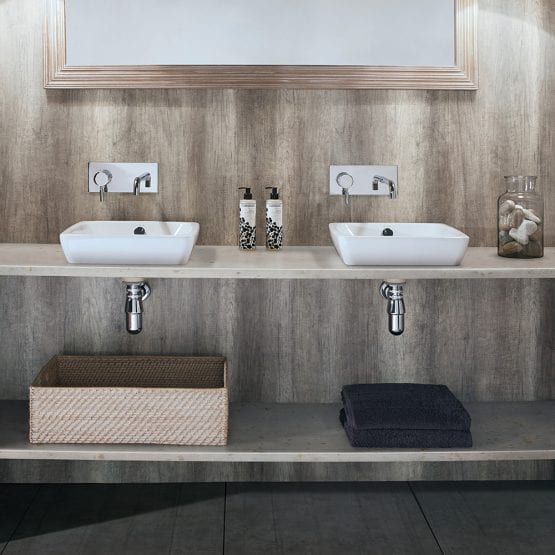 Twin basins with Nuance driftwood effect bathroom wall panel splash back