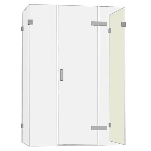 Room H2o frameless hinged shower door with 2 inline panels and 2 side panels