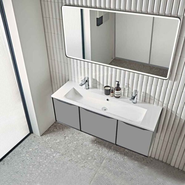 Modern bathroom with large Roper Rhodes Frame 1200x600mm illuminated bathroom mirror with black frame