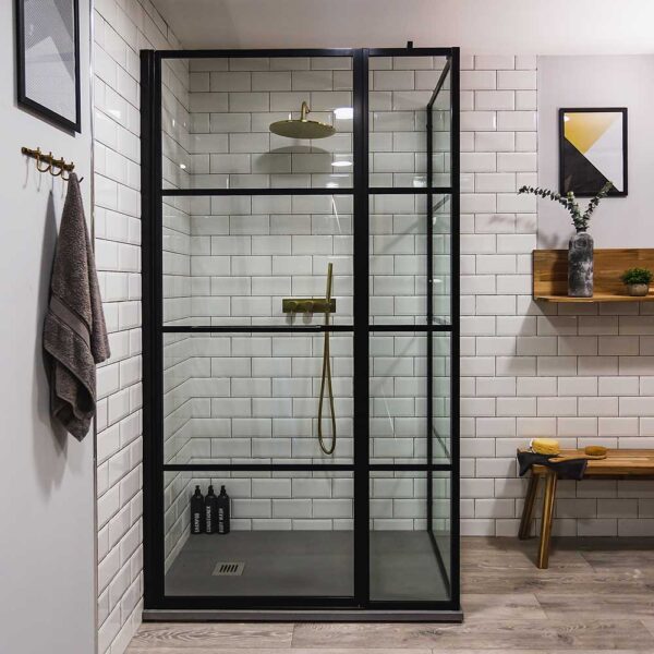 Drench Dec black framed shower door with inline and side panel