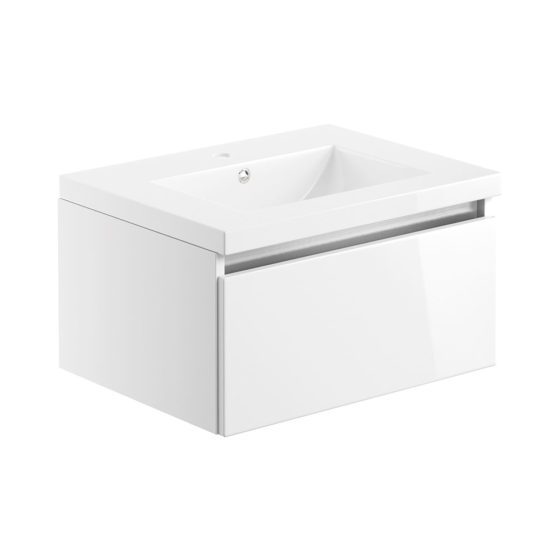 Matteo 615mm wall hung single drawer bathroom vanity unit with basin in gloss white finish