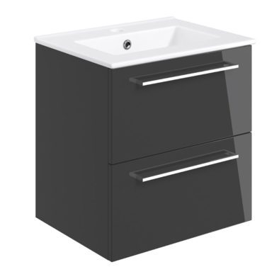 Vulcan510mm wall hung 2 drawer bathroom vanity unit with basin in gloss anthracite