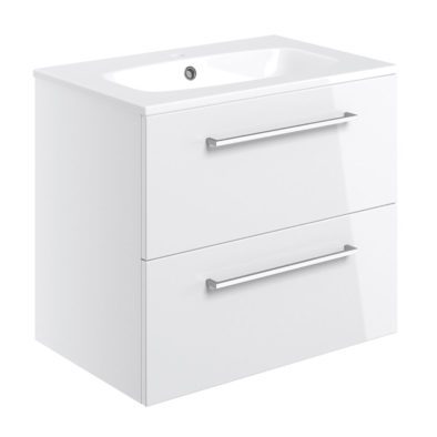 Vulcan 610mm wall hung 2 drawer bathroom vanity unit with basin in gloss white