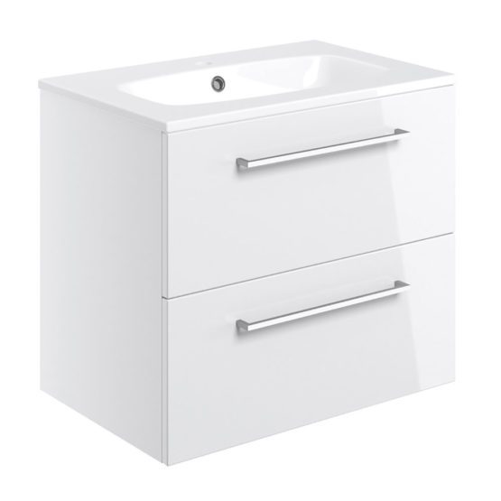 Vulcan 610mm wall hung 2 drawer bathroom vanity unit with basin in gloss white