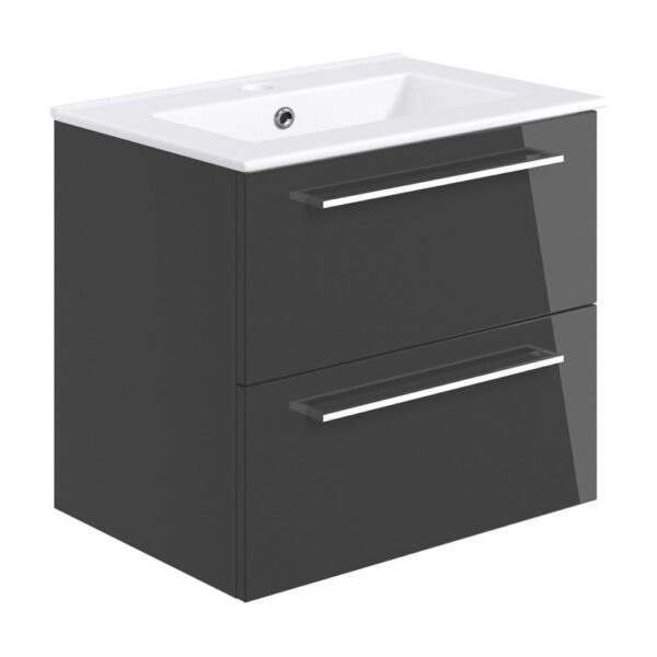 Vulcan 610mm wall hung 2 drawer bathroom vanity unit with basin in gloss anthracite