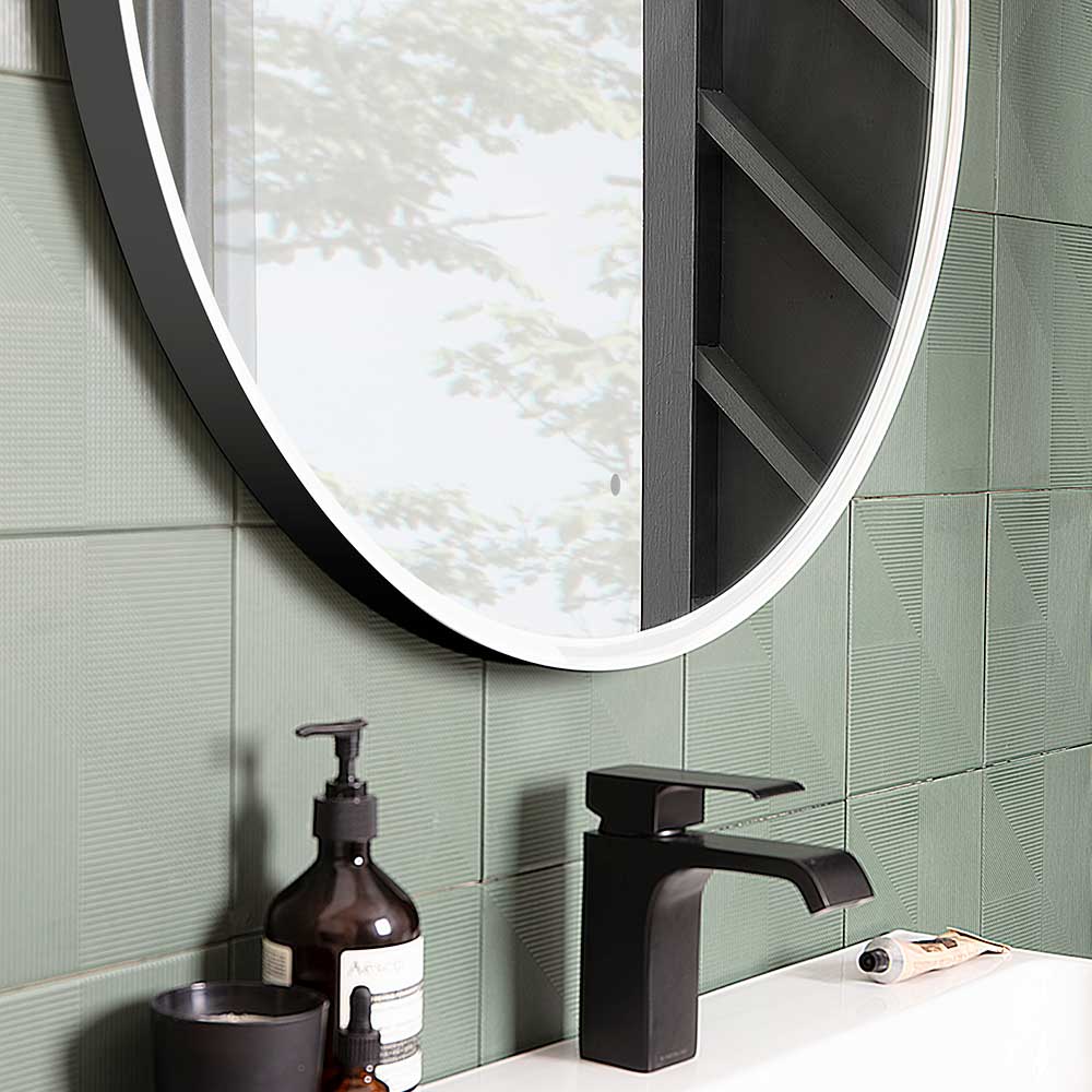 Roper Rhodes Frame round bathroom mirror with black frame and matching black basin tap