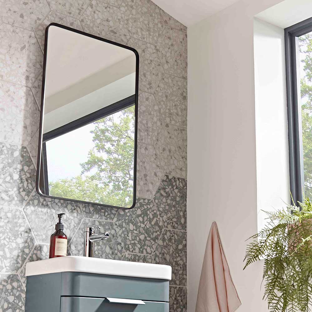 Modern bathroom with Roper Rhodes Thesis rectangular bathroom mirror with slim matt black frame