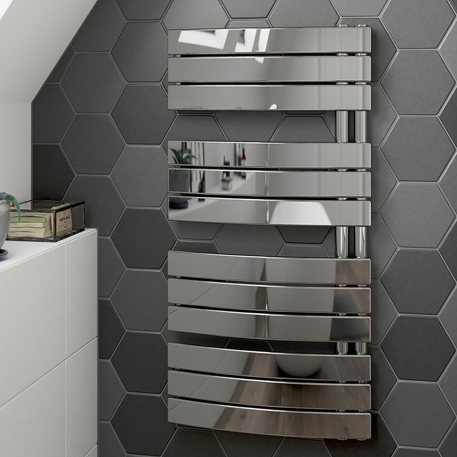 Luxury bathroom with wall mounted Simeto curved towel radiator in chrome