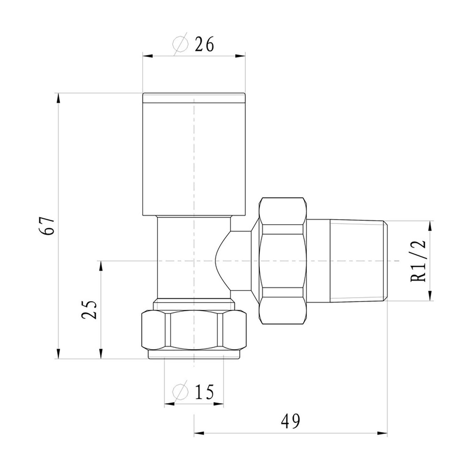 Pattern right angled radiator valves - dimensions