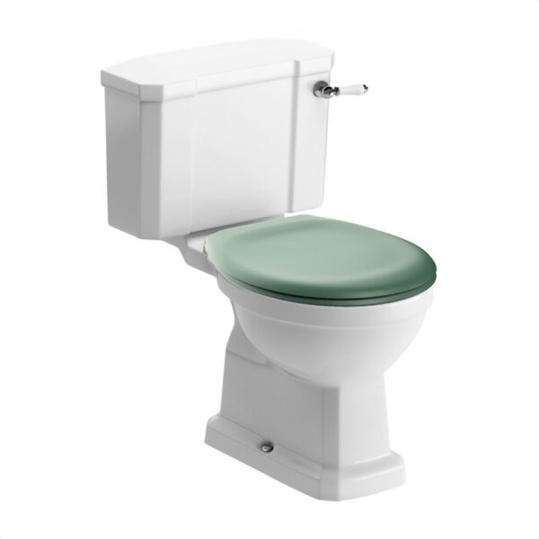 Kingston close coupled traditional toilet with sage green wood effect soft close seat